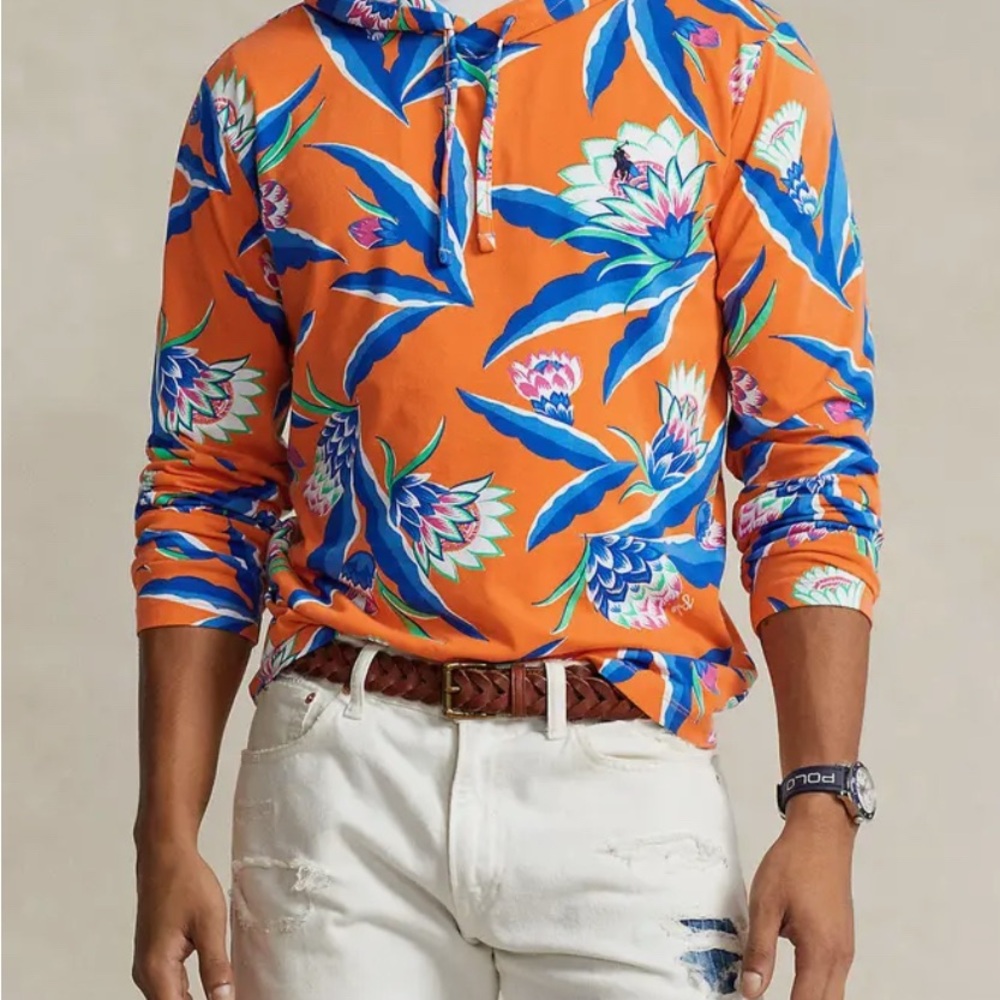 Orange Floral Hoodie with Blue Accents
